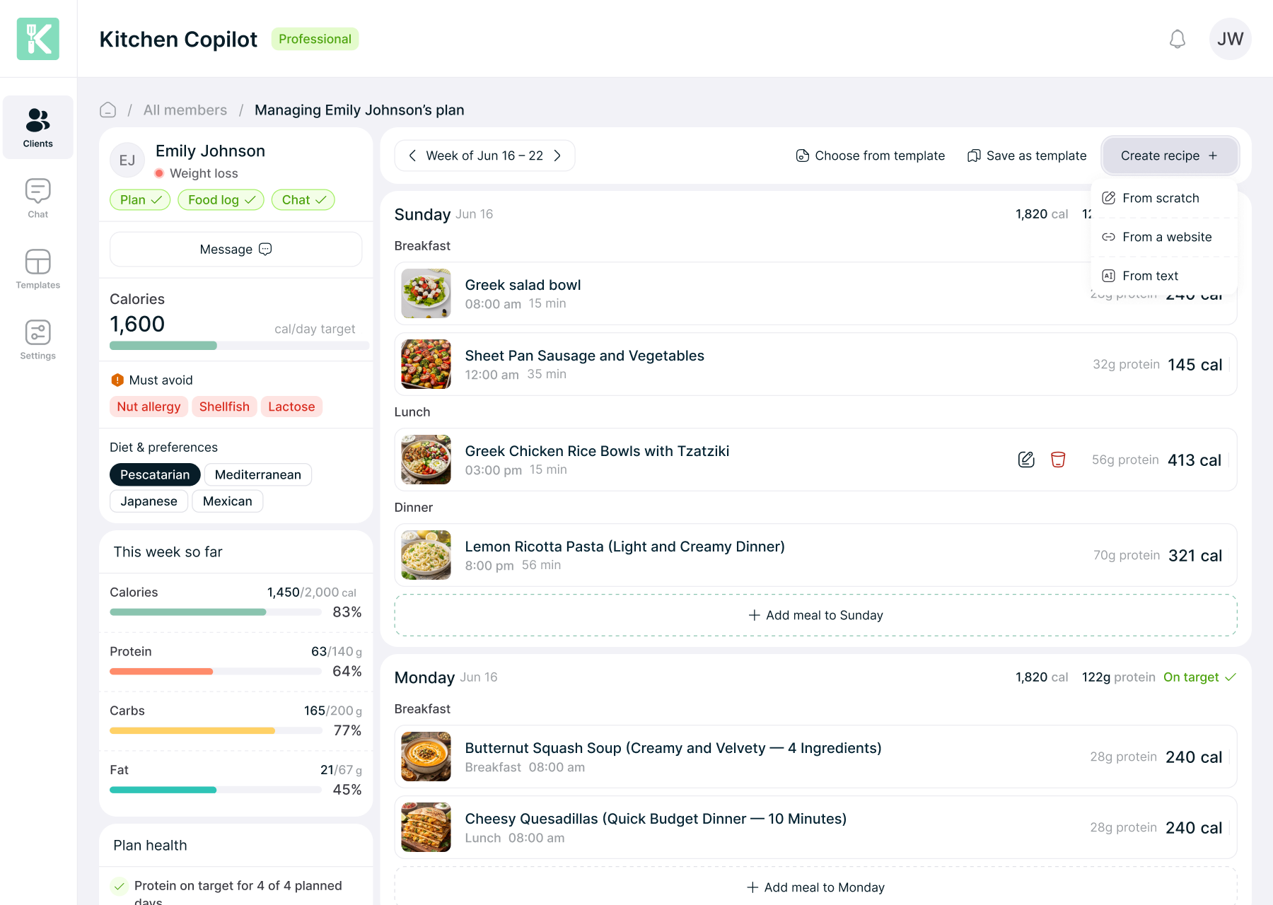 Weekly plan with the Create recipe menu