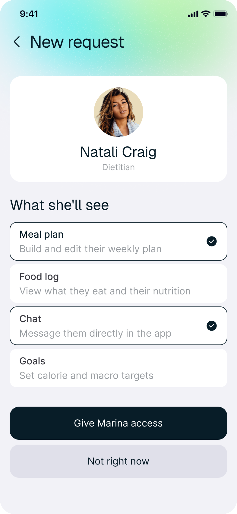 Kitchen Copilot app: new access request from a dietitian
